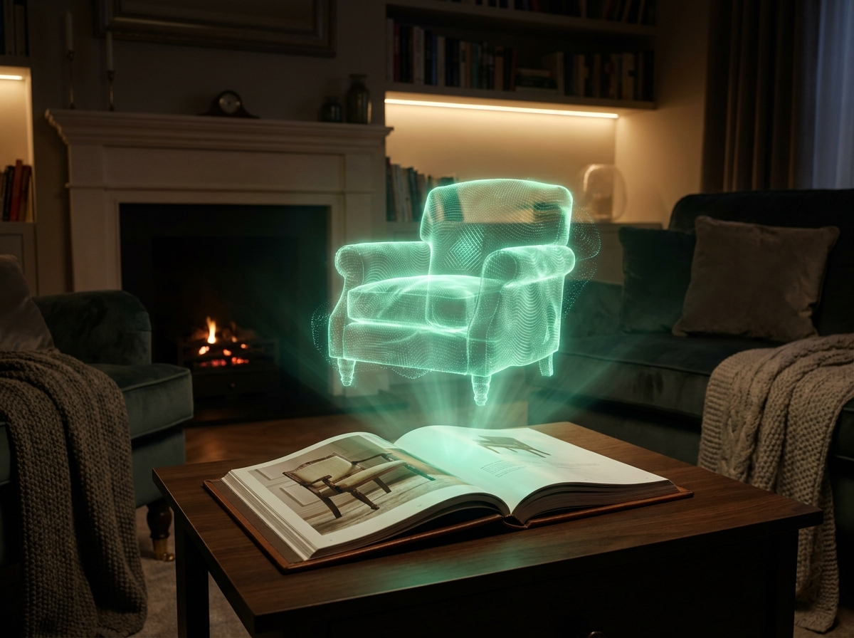 Catálogo com poltrona holográfica