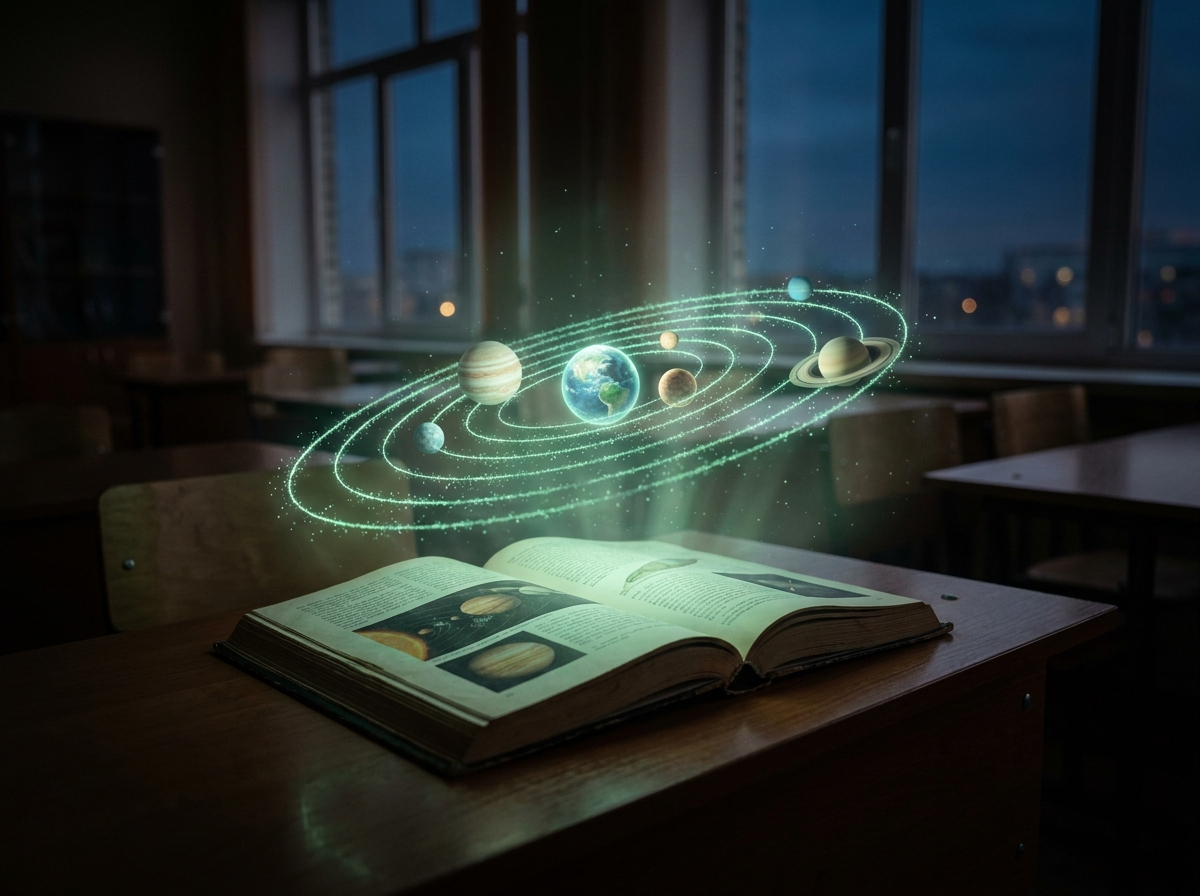Livro com sistema solar holográfico