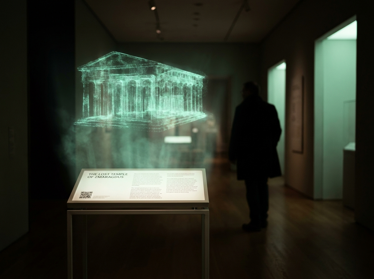 Painel de museu com templo holográfico